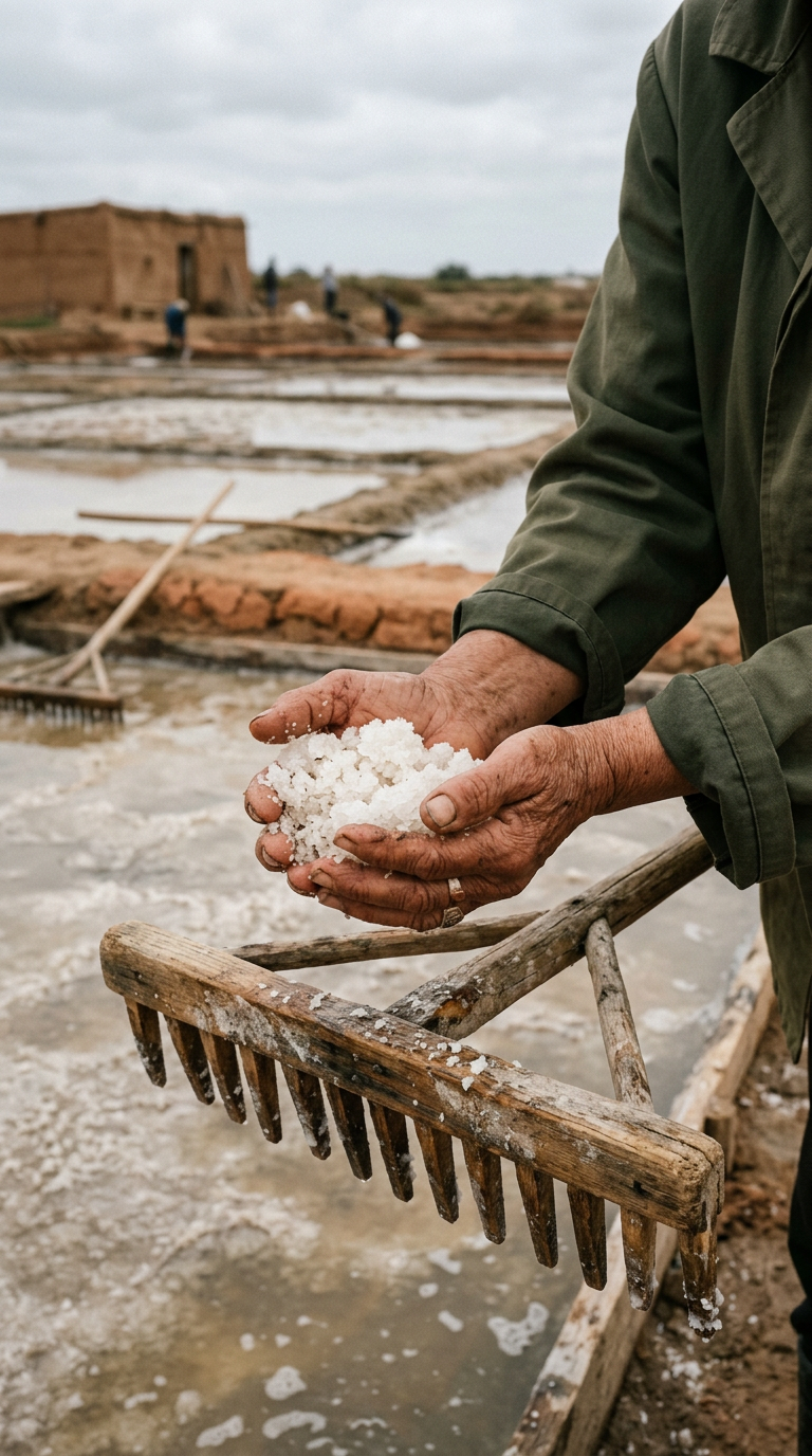 Weathered hands of an artisan holding freshly harvested sea salt crystals