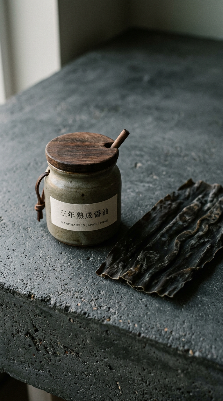 Handmade ceramic jar of aged soy sauce with dried kombu on charcoal stone