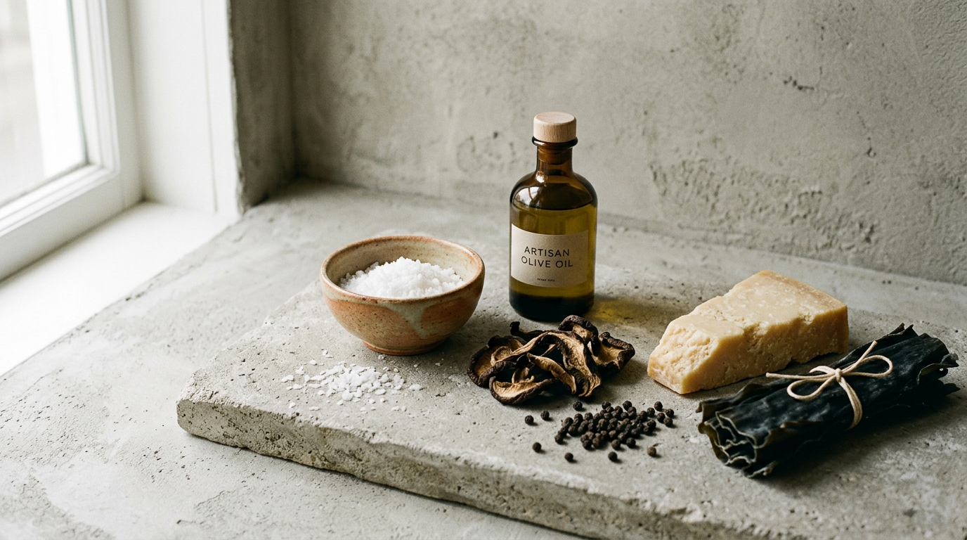 Raw artisanal ingredients — flaky sea salt, olive oil, dried porcini, peppercorns, aged parmesan and kombu — arranged on a microcement slab
